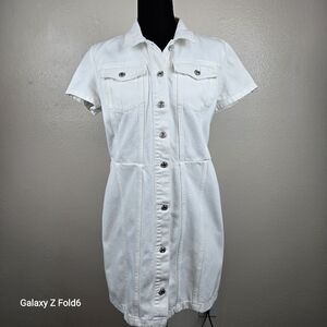 MNG Mango White Denim Shirt Dress Large Button‎ Front Pockets 100% Cotton